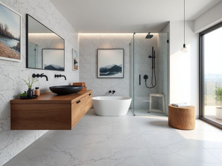 modern bathroom decor ideas with warm tile and layered lighting