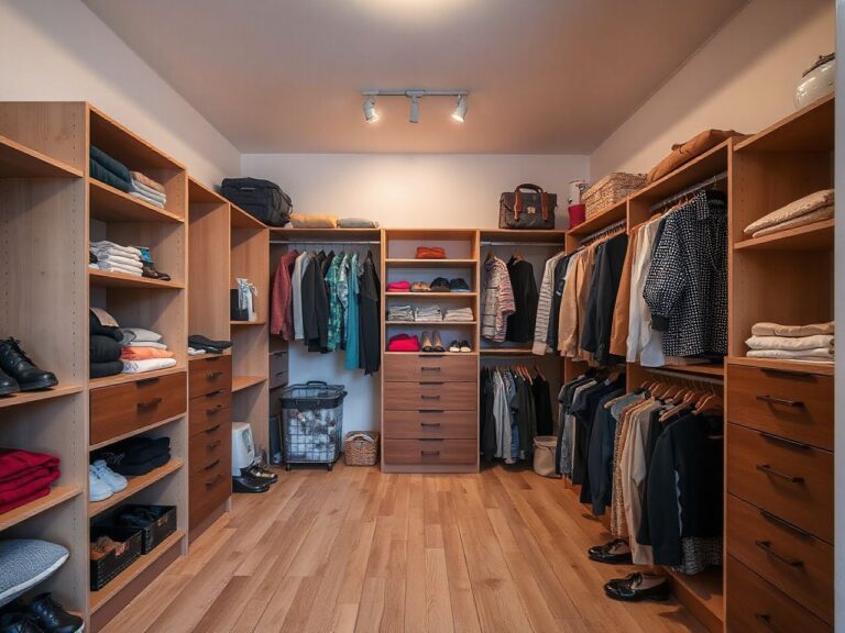 walk-in closet dimensions with open drawers and clear aisle