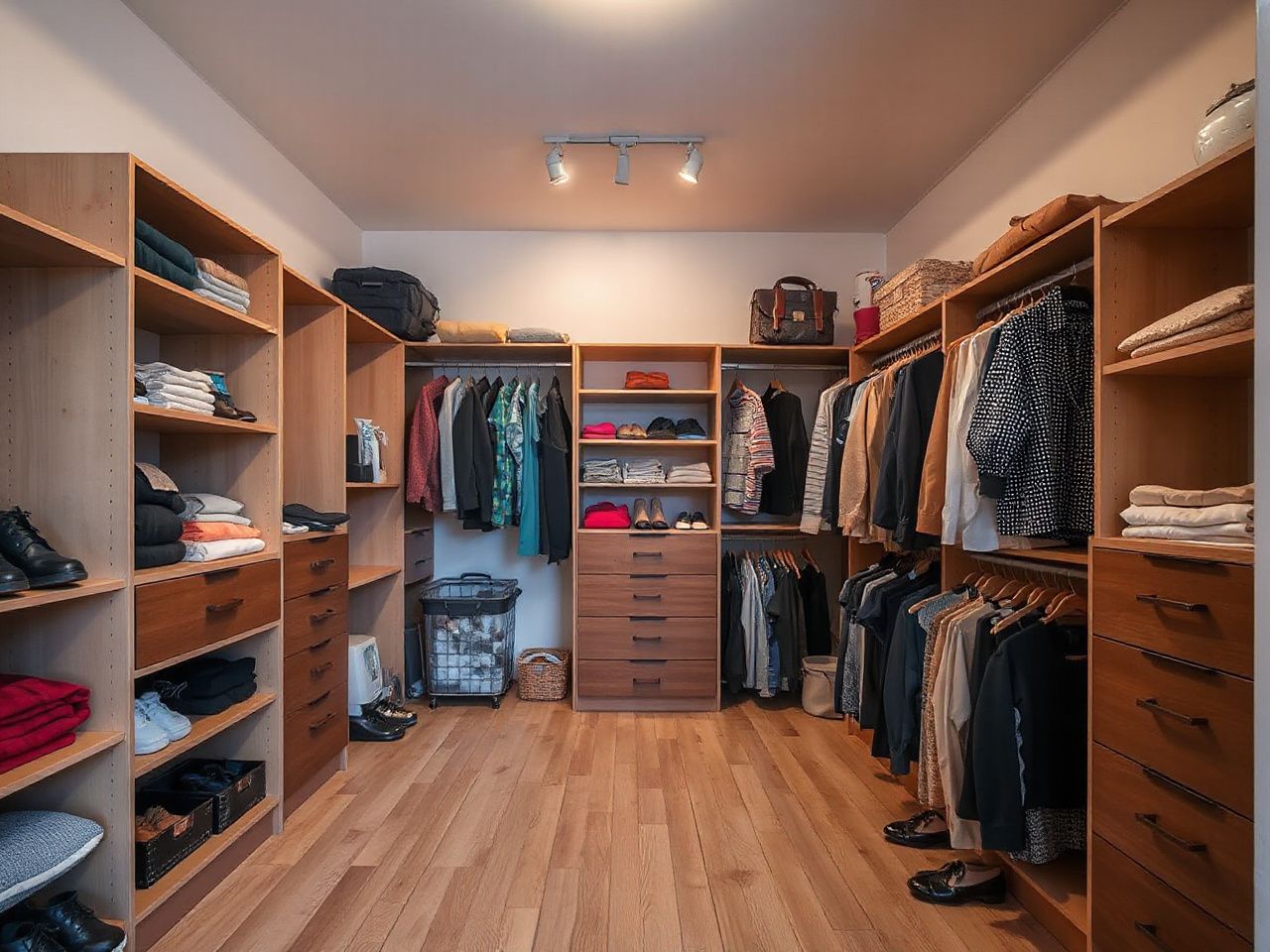 walk-in closet dimensions with open drawers and clear aisle